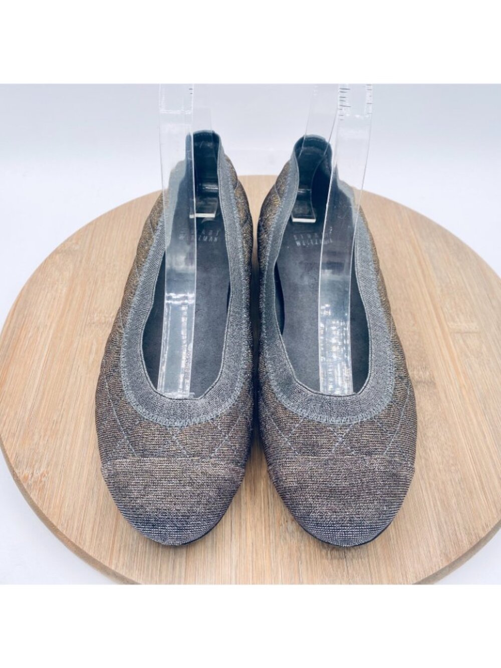 Stuart Weitzman Shoes Womens 7 Gray Leather Quilted Ballet Flats Cap Glitter - Picture 2 of 11